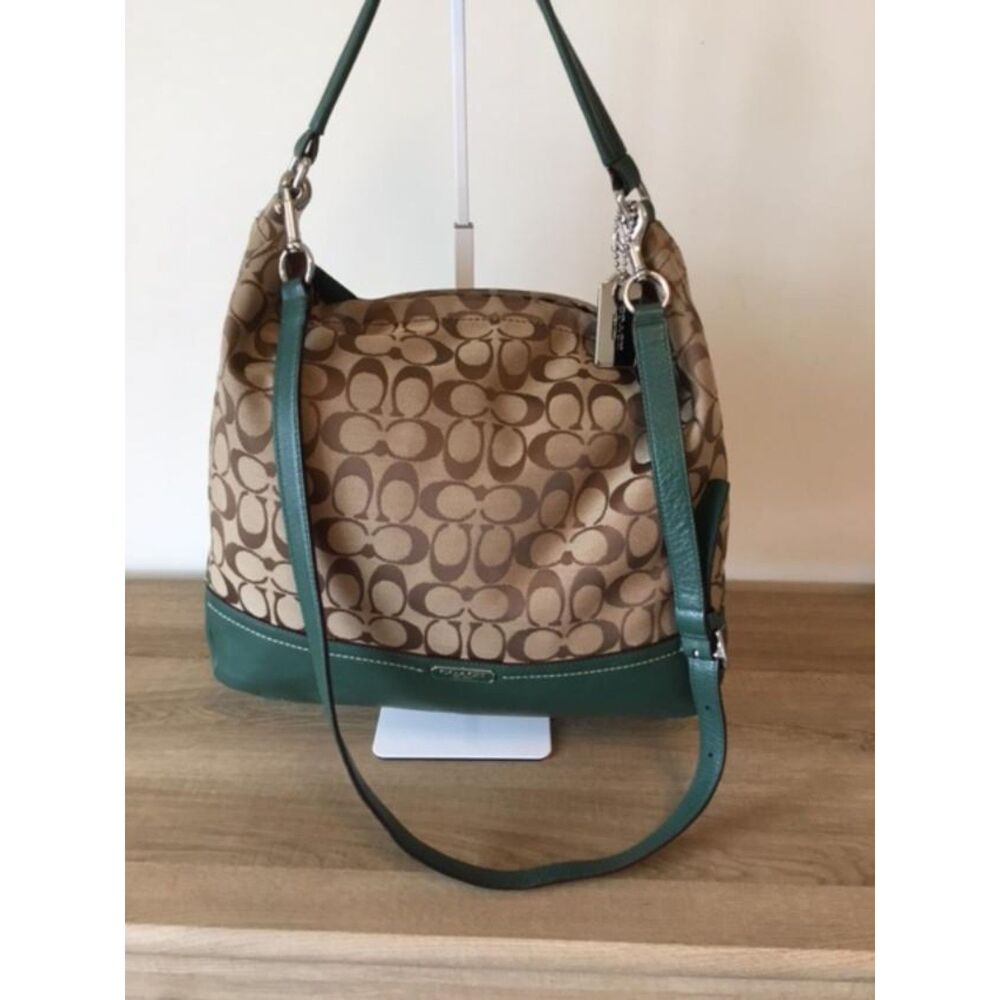 Coach Val Signature Jacquard Duffle Bag w/Striking Green Leather Bottom Metal Ha